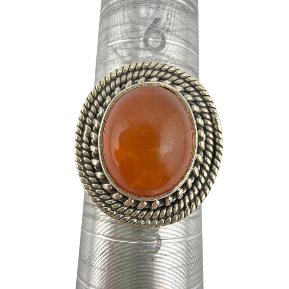 Oval Carnelian Braided Rope-Twist 925 Sterling Silver Ring Size 7